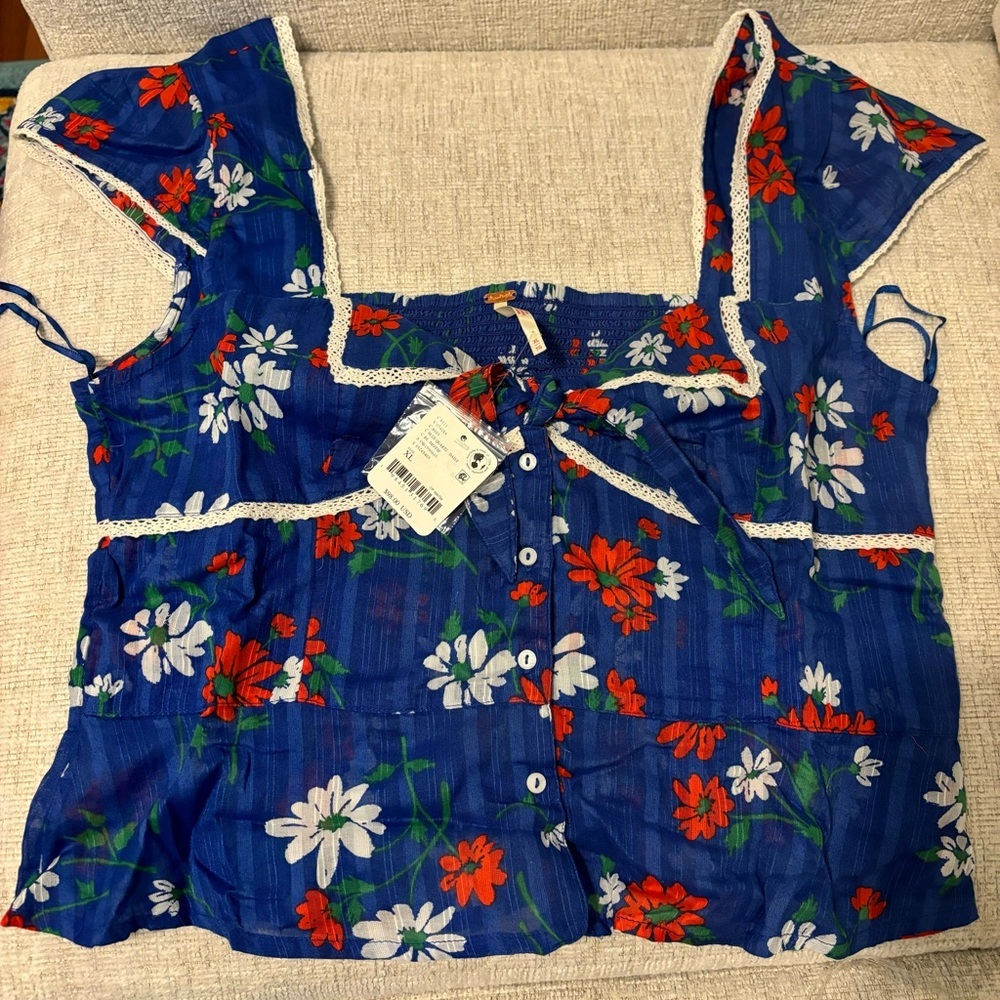 Free People Floral Pinstripe Top